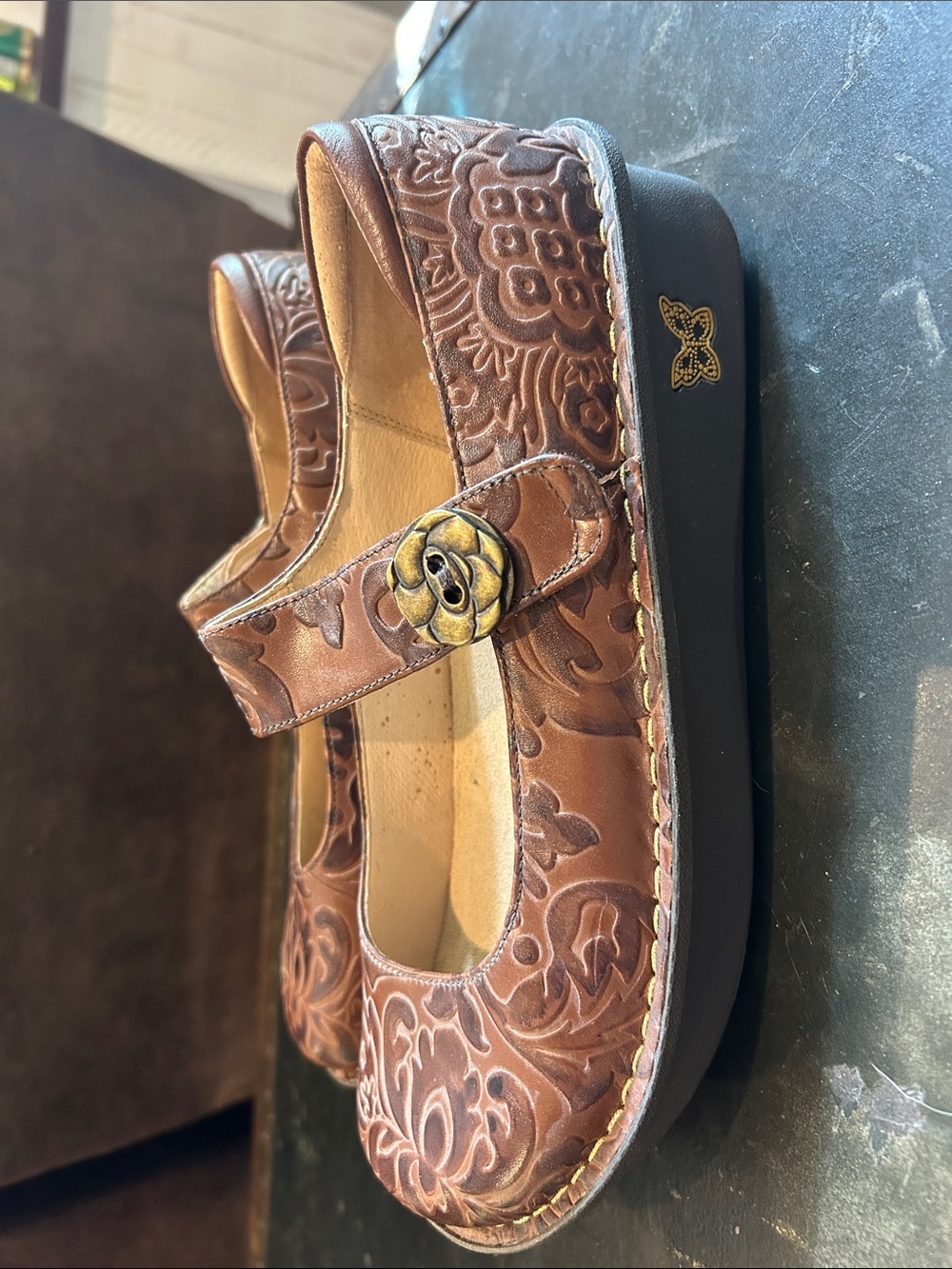 Alegria Brown Embossed Shoes - Picture 2 of 6